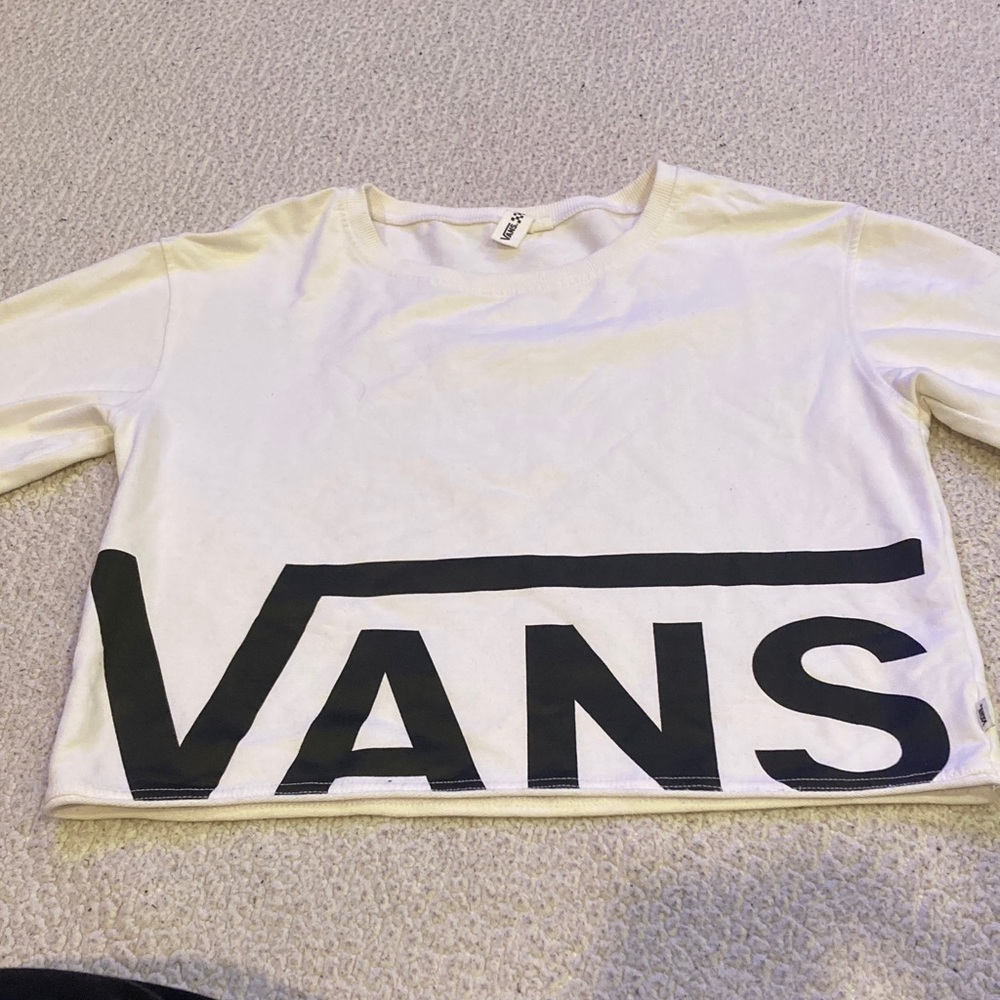 Vans womens Crop top Long Sleeve Tee in White with Black Logo